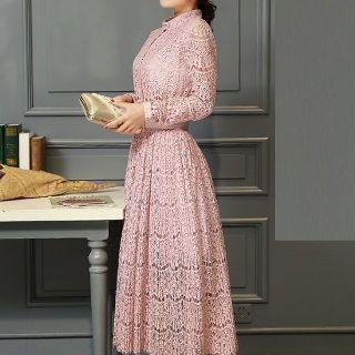 Long-sleeve Lace Belted Dress