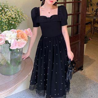 Short-sleeve Faux Pearl Mesh Midi A-line Dress