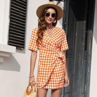 Short-sleeve Asymmetrical Gingham A-line Dress
