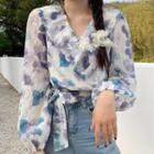 Floral Print Tie-side Blouse Black Leaf - White - One Size