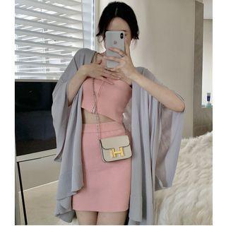 Zip Tube Top / Mini Fitted Skirt / Cardigan