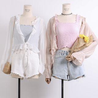 Lightweight Tie-front Ruffled-trim Cardigan