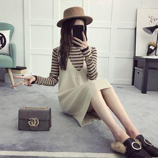 Set: Striped Long Sleeve Knit Top + Pinafore Knit Dress