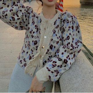 Ruffled Floral Print Cardigan Beige & Blue & Brown - One Size