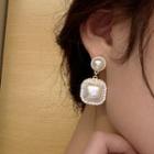 Sterling Silver Faux Pearl Square Drop Earring / Clip-on Earring