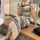 Short-sleeve Striped Knit Midi Dress Almond - One Size