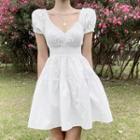 Short-sleeve Frill Trim Shirred Mini A-line Dress