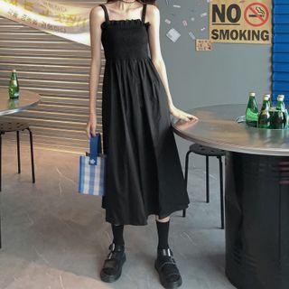 Sleeveless Plain Ruffled Trim Dress Black - One Size