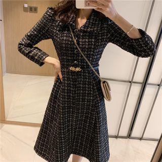 Tweed V-neck Long-sleeve Slim-fit Dress