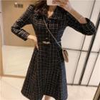 Tweed V-neck Long-sleeve Slim-fit Dress