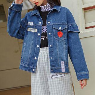 Ruffle Trim Printed Denim Jacket