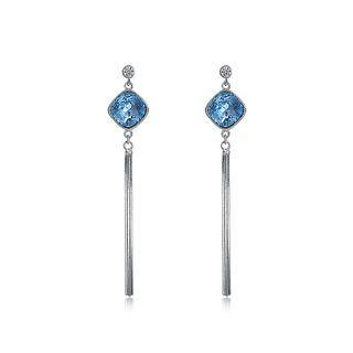 925 Sterling Silver Geometric Rhombus Long Tassel Earrings With Blue Austrian Element Crystal Silver - One Size