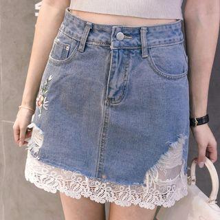 Lace Panel Denim Mini Skirt