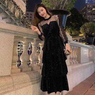 Mesh Panel Glitter Layered A-line Midi Dress