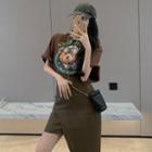 Elbow-sleeve Print T-shirt / Asymmetrical Pencil Skirt