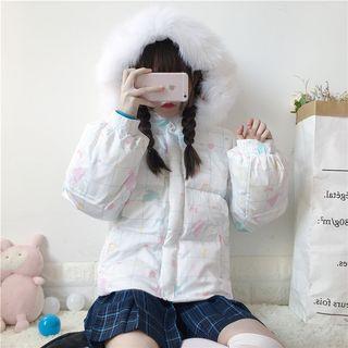 Furry-trim Print Zip Hooded Padded Jacket White - One Size