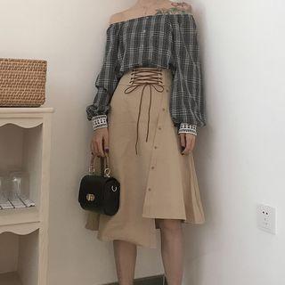 Check Lace Convertible Blouse / Lace-up Asymmetric Skirt