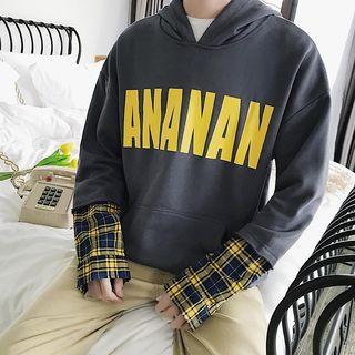Letter Plaid Panel Long-sleeve Hoodie