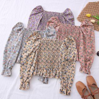 Boatneck Floral Smocked Crop Top In 8 Colors