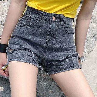 Ribbon Trim Ripped Denim Shorts