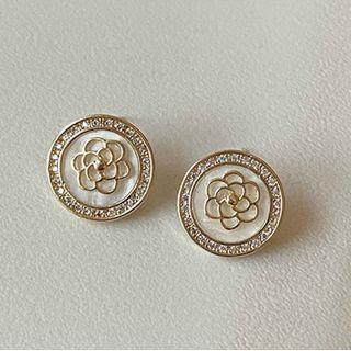 Flower Shell Rhinestone Earring 1 Pair - Silver Needle - Gold & White - One Size