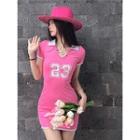 Short-sleeve V-neck Plain Lettering Slim-fit Mini Dress