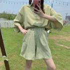 Color-block Striped 3/4-sleeve Blouse / High-waist Shorts