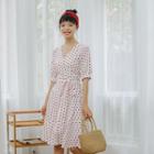V-neck Dotted Elbow-sleeve Dress