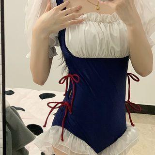 Puff-sleeve Lace-up Ruffled Swimsuit