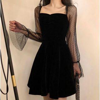 Long-sleeve Mesh Panel A-line Dress Black - One Size