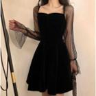 Long-sleeve Mesh Panel A-line Dress Black - One Size