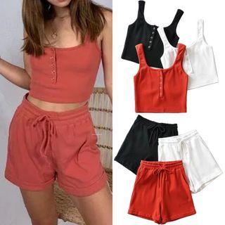 Button-up Crop Tank Top / Drawstring Shorts