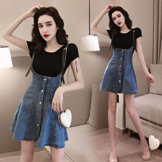 Short-sleeve T-shirt / Denim Suspender Dress / Set