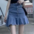 High Waist Flared-hem Denim Mini A-line Skirt