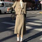 Long-sleeve Woolen Cropped Blazer + High-waist Slit Skirt