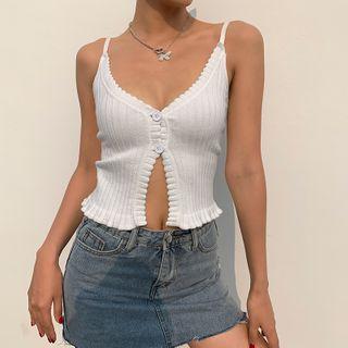 Spaghetti Strap Ruffled-trim Split Cropped Knitted Top
