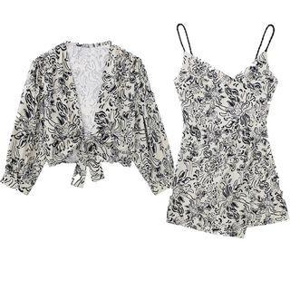 Print Tie Front Crop Blouse / Spaghetti Strap Asymmetrical Mini Dress