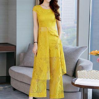 Set: Cap-sleeve Slit Lace Top + Wide-leg Pants