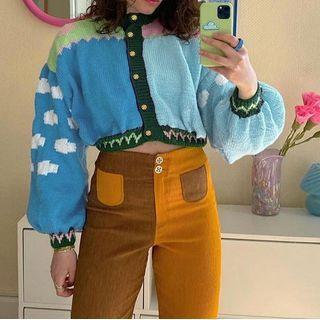Puff Sleeve Color-block Cloud Print Crop Cardigan
