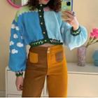 Puff Sleeve Color-block Cloud Print Crop Cardigan