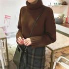 Plain Turtleneck Sweater / Midi A-line Plaid Skirt