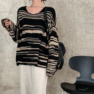 Oversized V-neck Striped Knit Top Stripe - One Size
