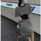 Striped Gather-waist Midi Pullover Dress Stripe - One Size