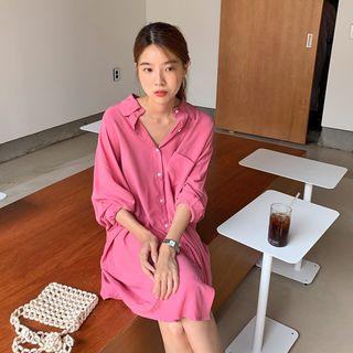 Plain Long-sleeve Shirt Dress Pink - One Size