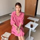 Plain Long-sleeve Shirt Dress Pink - One Size