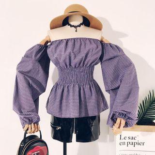 Off Shoulder Plaid Blouse Purple - One Size