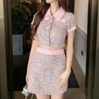 Button-detail Puff-sleeve Top / High-waist A-line Mini Skirt