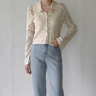 Wide-sleeve Lace Crop Blouse Cream - One Size