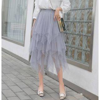 Irregular Tiered Midi A-line Mesh Skirt