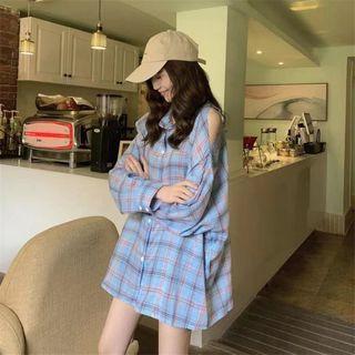 Plaid Cold Shoulder Oversize Shirt